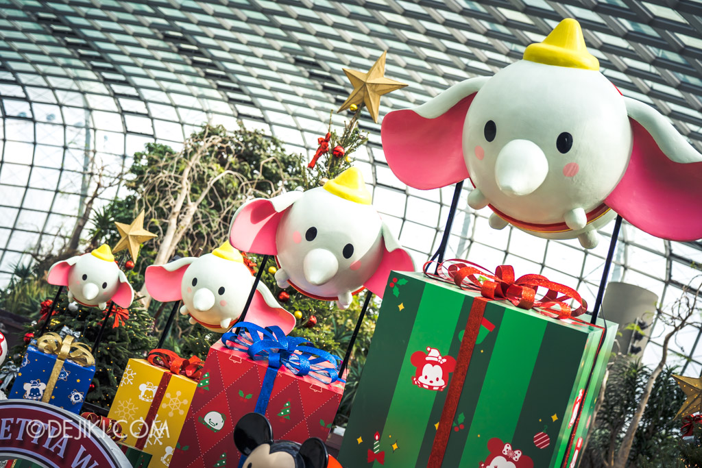 Gardens by the Bay Singapore Christmas 2018 - Poinsettia Wishes featuring Disney Tsum Tsum - Dumbo delivering presents