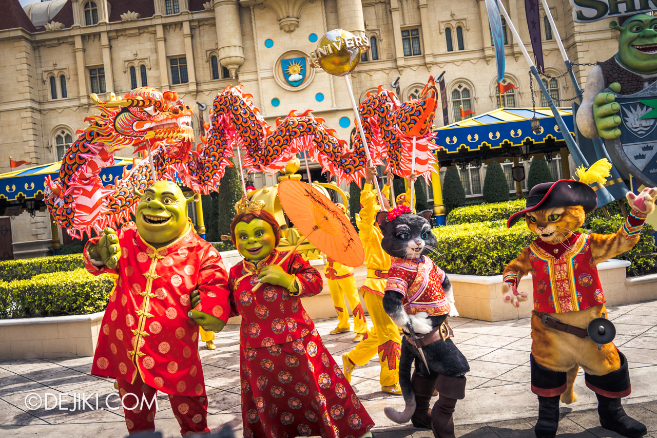 Universal Studios Singapore - Chinese New Year 2019 auspicious dragon trail parade show at Far Far Away Shrek Puss in Boots