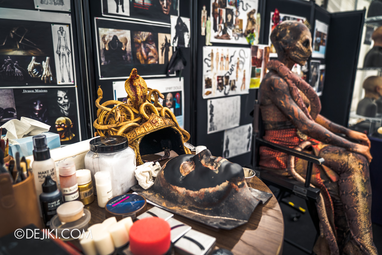USS HHN9 Sneak Preview Behind The Scenes Makeup chair time for Serpentine Spirit