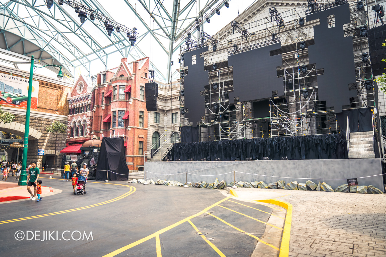 USS Halloween Horror Nights 9 construction update Death Fest scare zone stage for Opening Scaremony wide