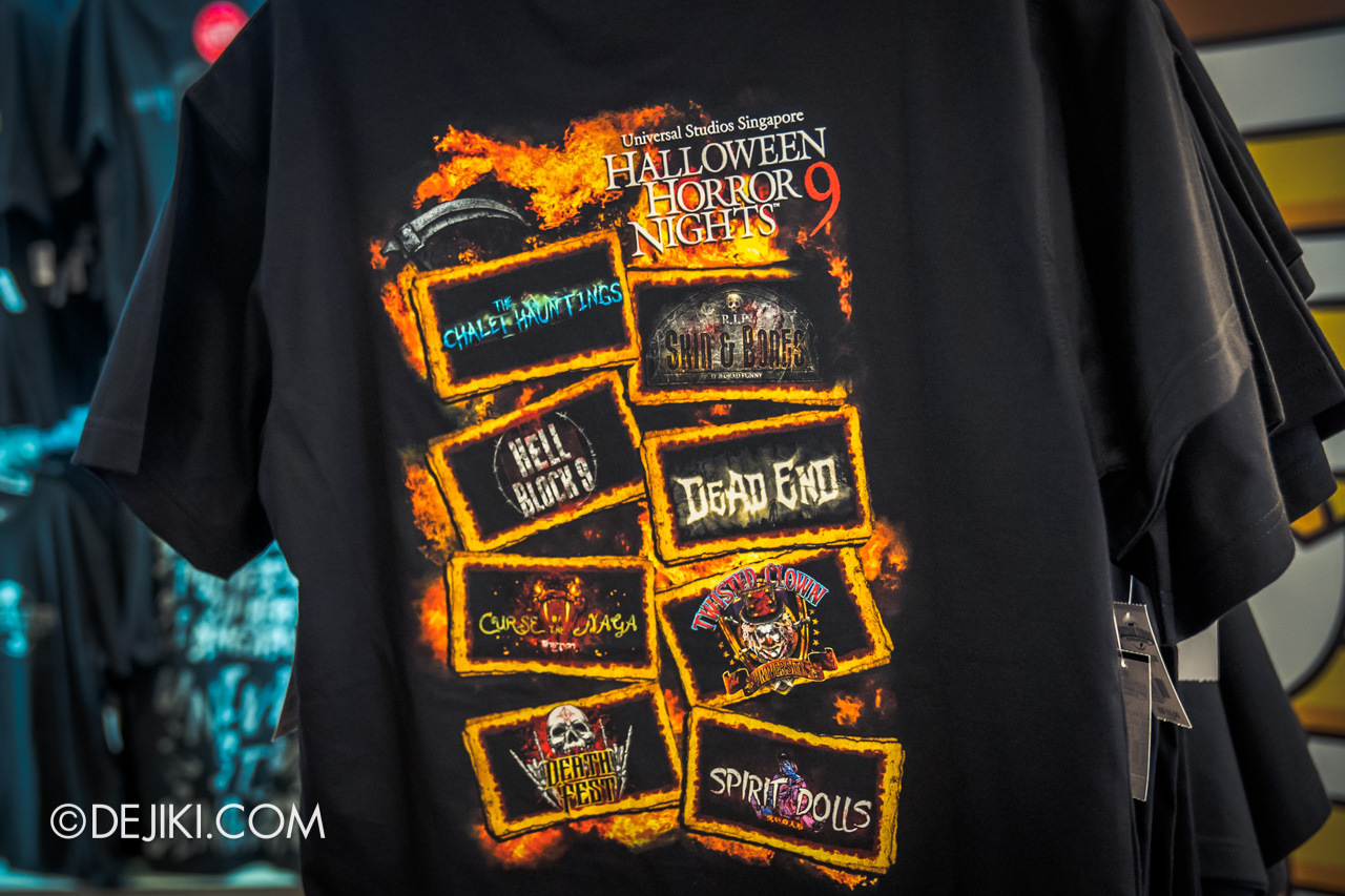 USS Halloween Horror Nights 9 merchandise official t shirt fearless featuring logos of haunted houses and scare zones