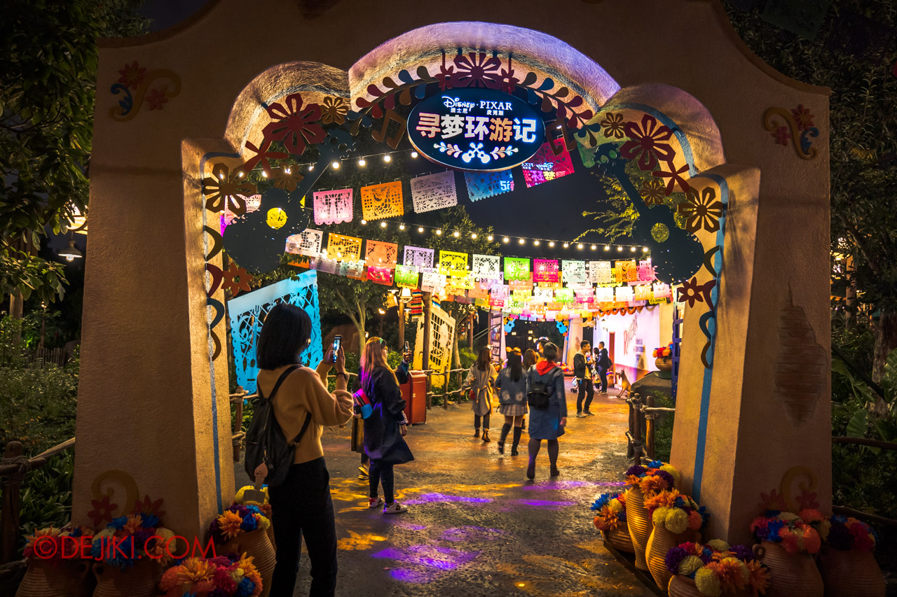 Shanghai Disneyland Halloween event Pixar Coco Decorations Santa Cecilia at Adventure Isle entrance