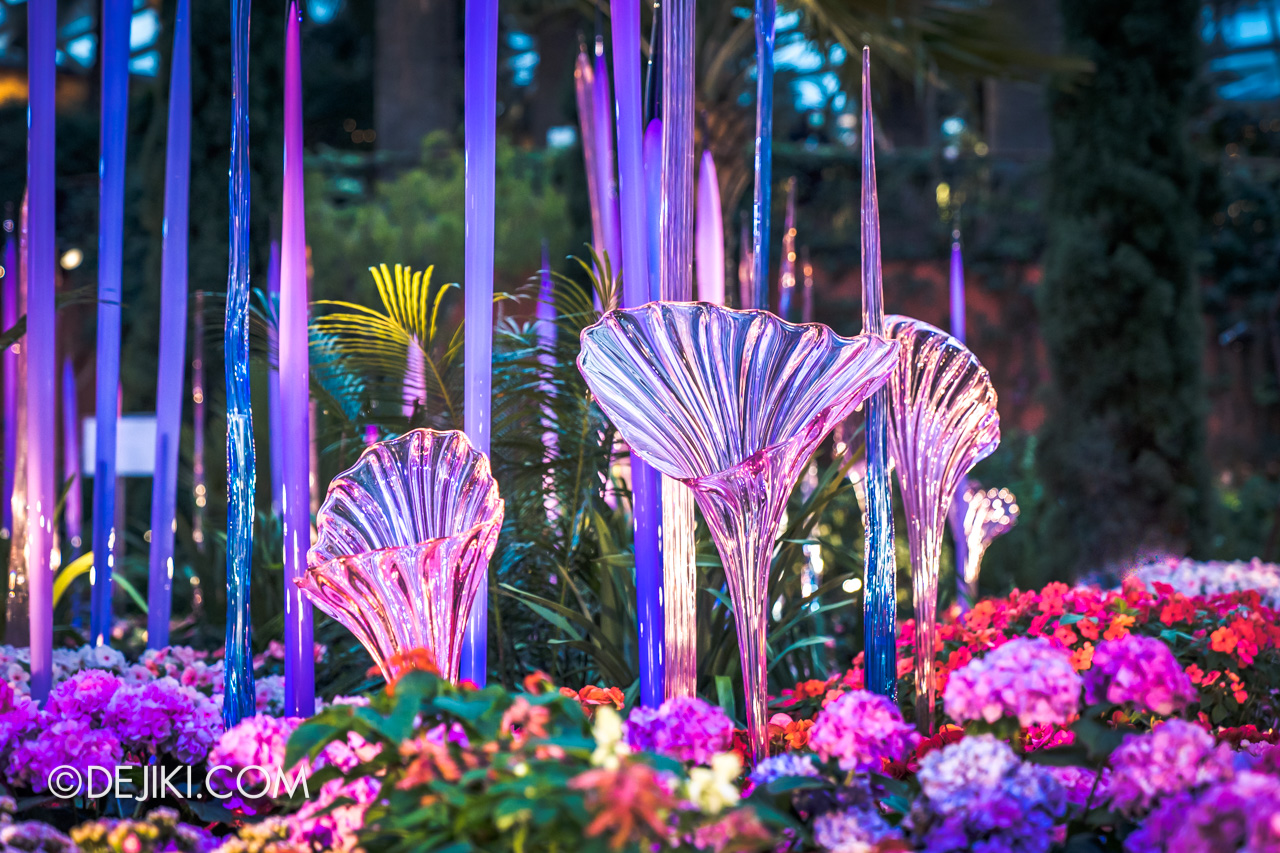 Gardens by the Bay Chihuly in Bloom Flower Dome Closeup Trumpet Flowers Light2