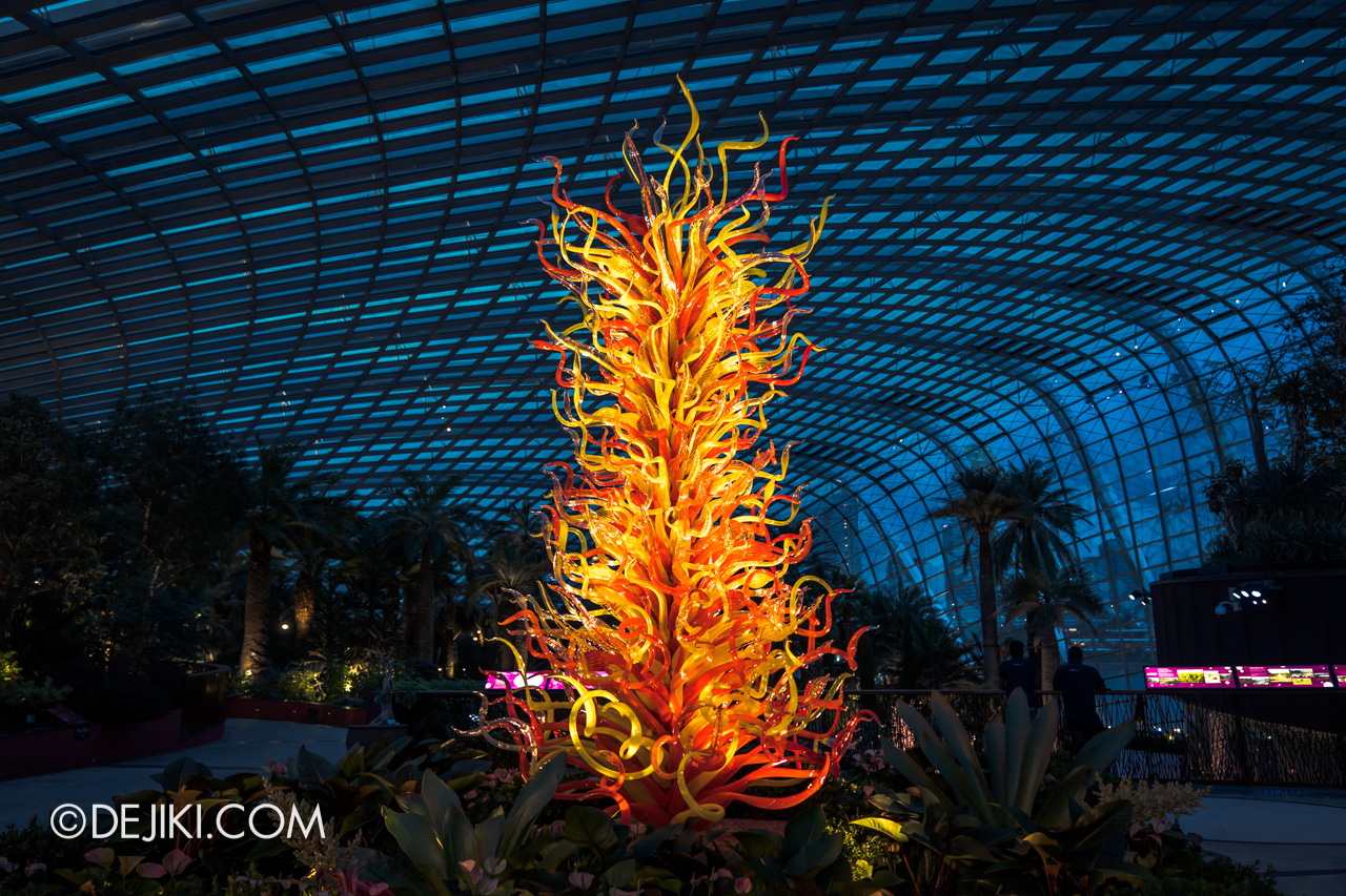 Gardens by the Bay Chihuly in Bloom Flower Dome Electric Yellow and Deep Coral Tower