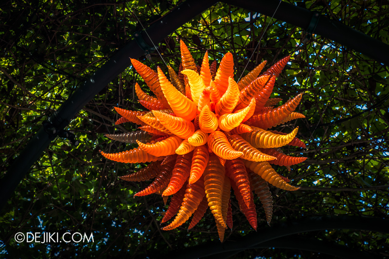 Gardens by the Bay Chihuly in Bloom Outdoor 16 Orange Hornet Chandelier closeup