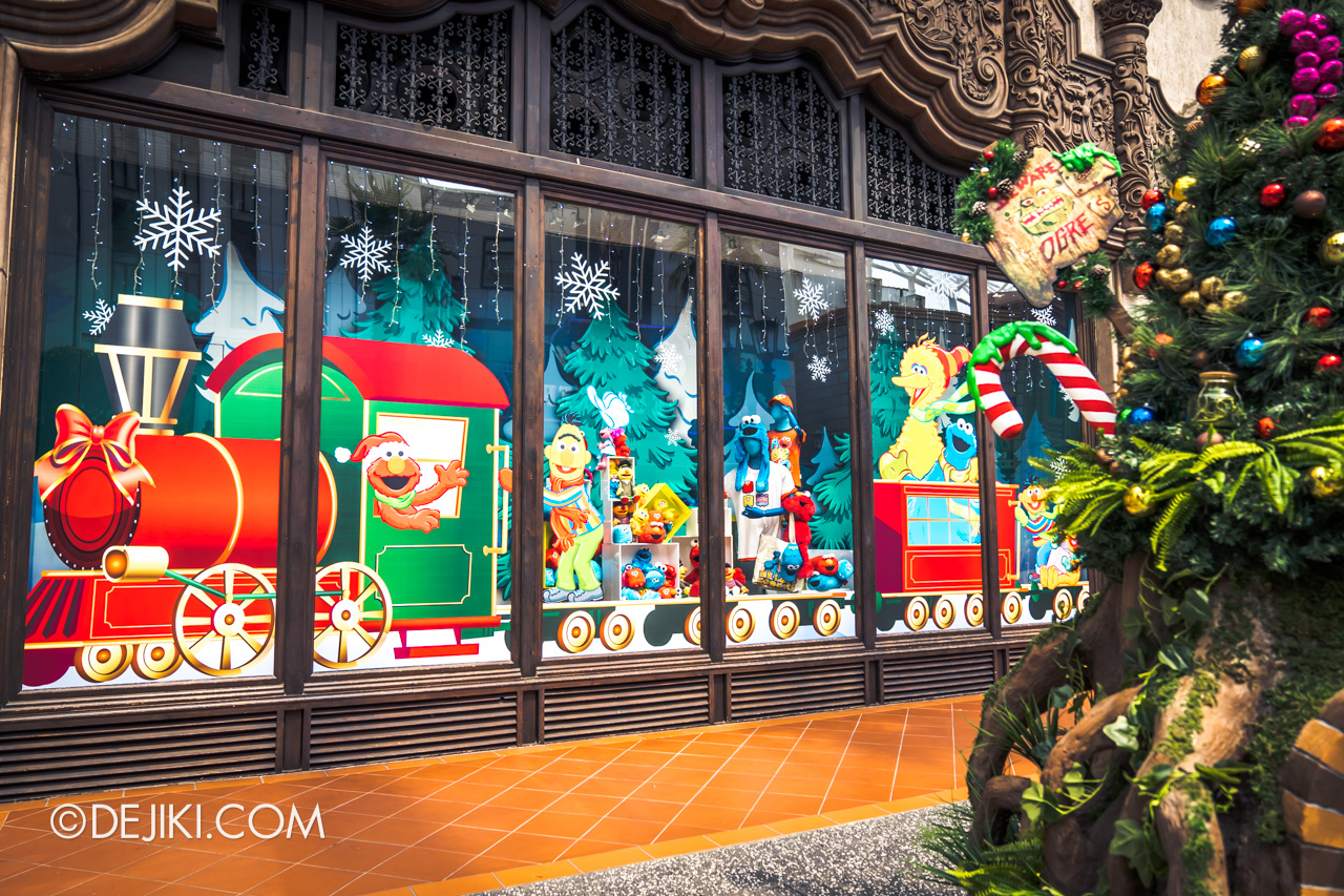 Universal Studios Singapore A Universal Christmas 2021 Park Decor Hollywood Shrek Tree and Store Window