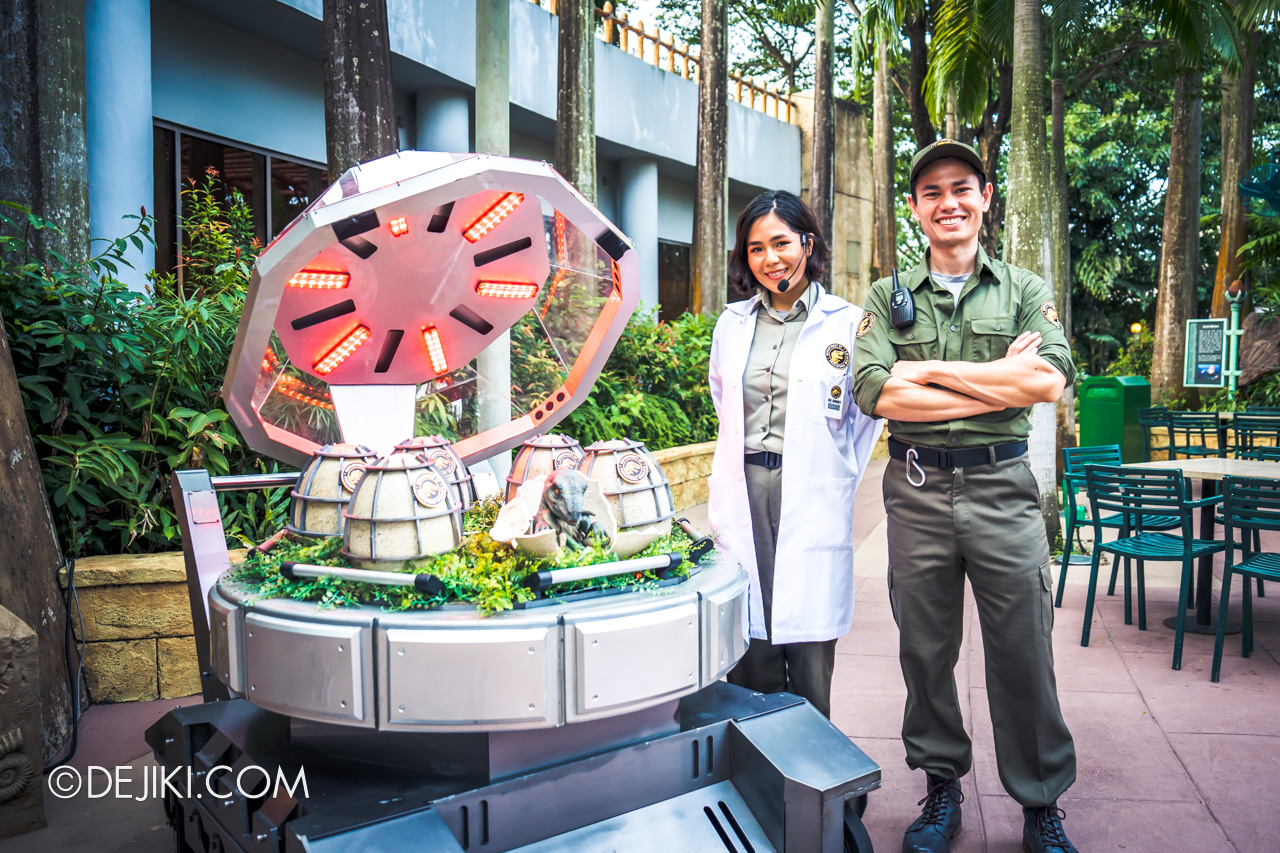 USS Jurassic World Dominion Dining Adventure 2 Pre Dinner Dinosaur encounters Dr Rodney and ranger Leroy at Hatched show