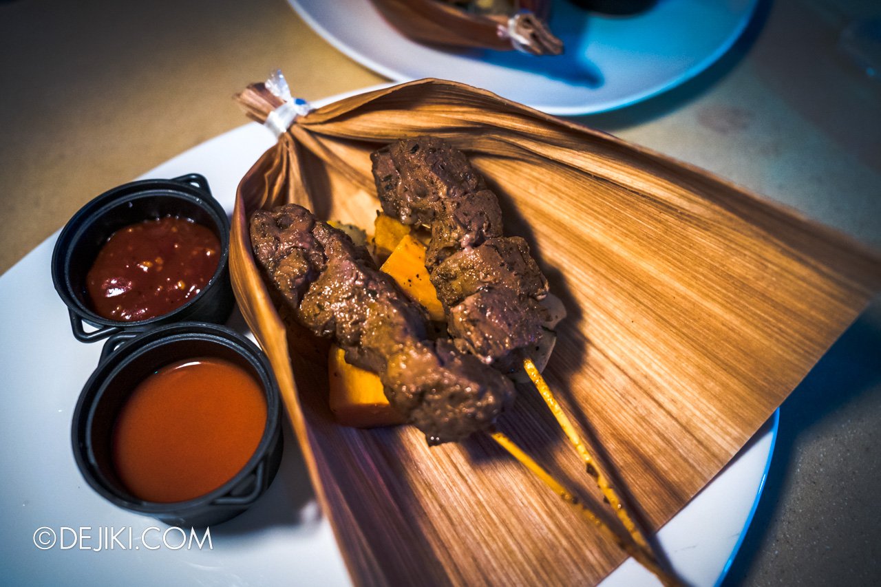 USS Jurassic World Dominion Dining Adventure 3 Dinner Experience Carnivore Course BBQ Beef Skewers