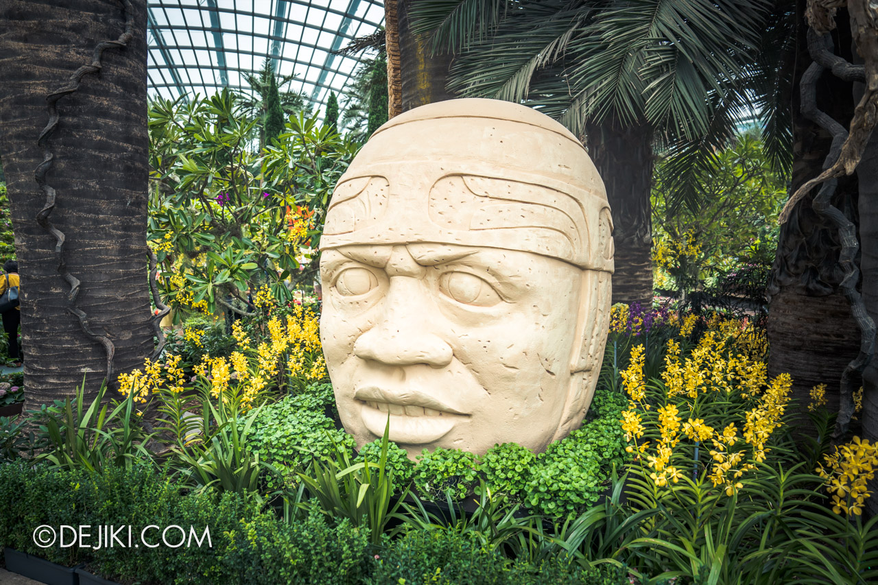 Gardens by the Bay Flower Dome Hanging Gardens Mexican Roots 5 pyramid statue olmec head