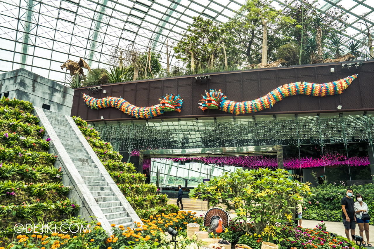 Gardens by the Bay Flower Dome Hanging Gardens Mexican Roots 6 pyramid with serpent display on wall