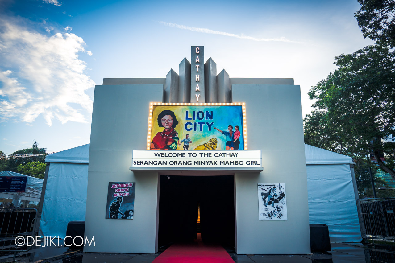 Singapore Night Festival 2022 Highlight Act Cathay Hotel The Curse of the Missing Red Shoe immersive theatre performance Facade showing Lion City movie marquee