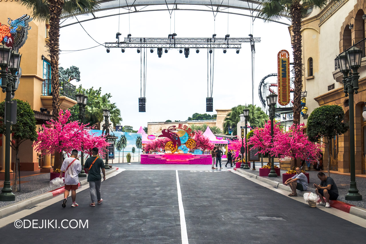 Universal Studios Singapore Chinese New Year 2023 Park Decor Daytime Cherry Blossom Street wide