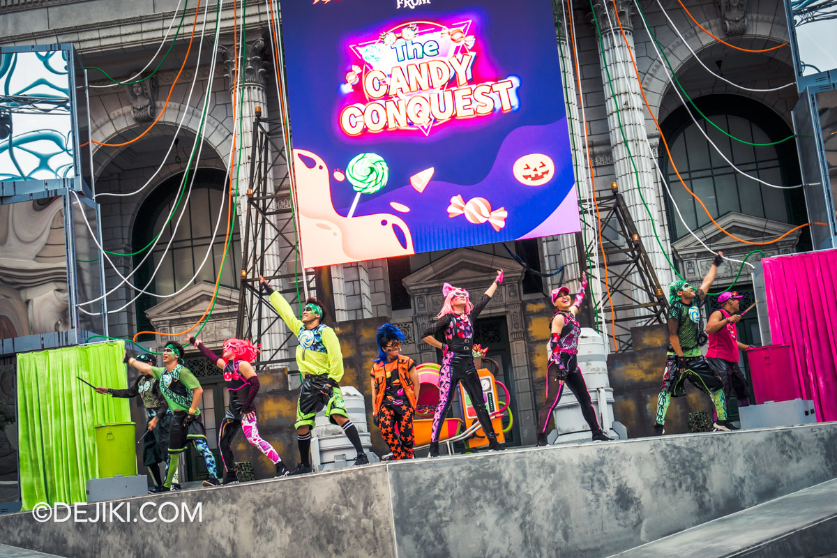 Universal Studios Singapore Park Update Trick or Thrills Day Halloween The Candy Conquest show with marquee