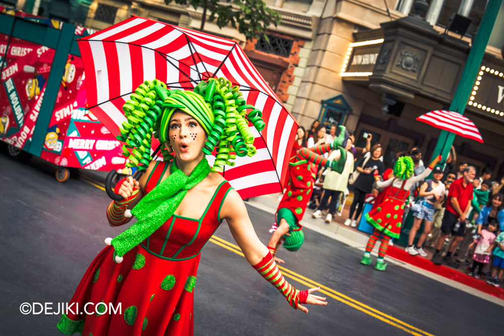 Universal Studios Singapore A Universal Christmas Event Park Update Santas Present Party 4 Mass Dance umbrella girl