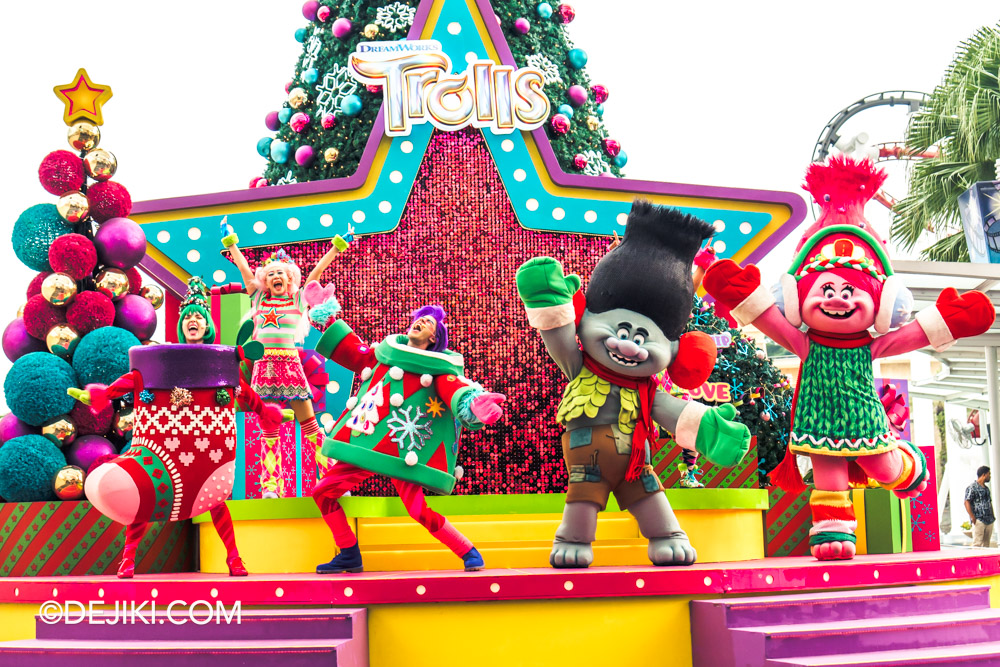 Universal Studios Singapore A Universal Christmas Event Park Update Trolls ific Christmas Tree Trimming Party closeup hero