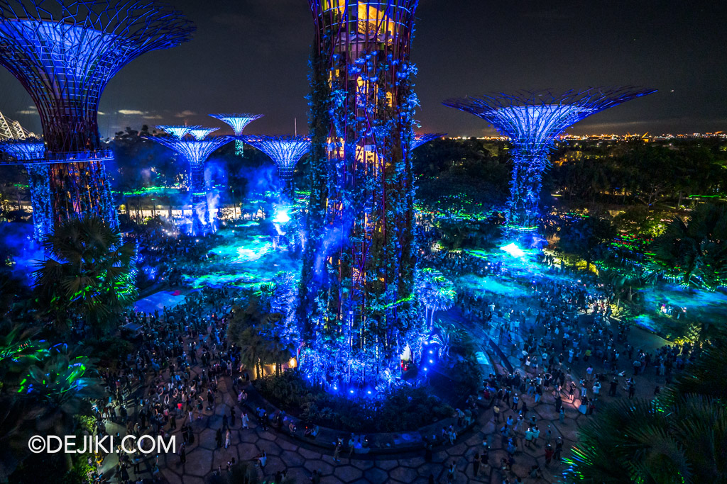 Gardens by the Bay Borealis night show at Supertree Grove from the air OCBC skyway aerial view 1