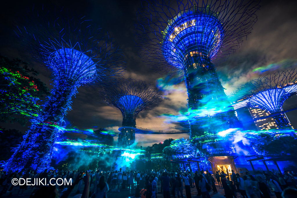 Gardens by the Bay Borealis night show at Supertree Grove ultrawide Conservatory with 3 towers and MBS