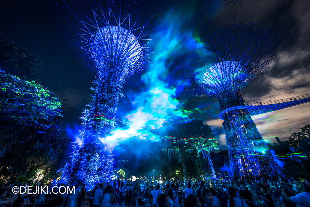 Gardens by the Bay Borealis night show at Supertree Grove ultrawide tower flare