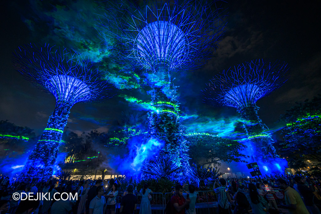 Gardens by the Bay Borealis night show at Supertree Grove ultrawide triple towers