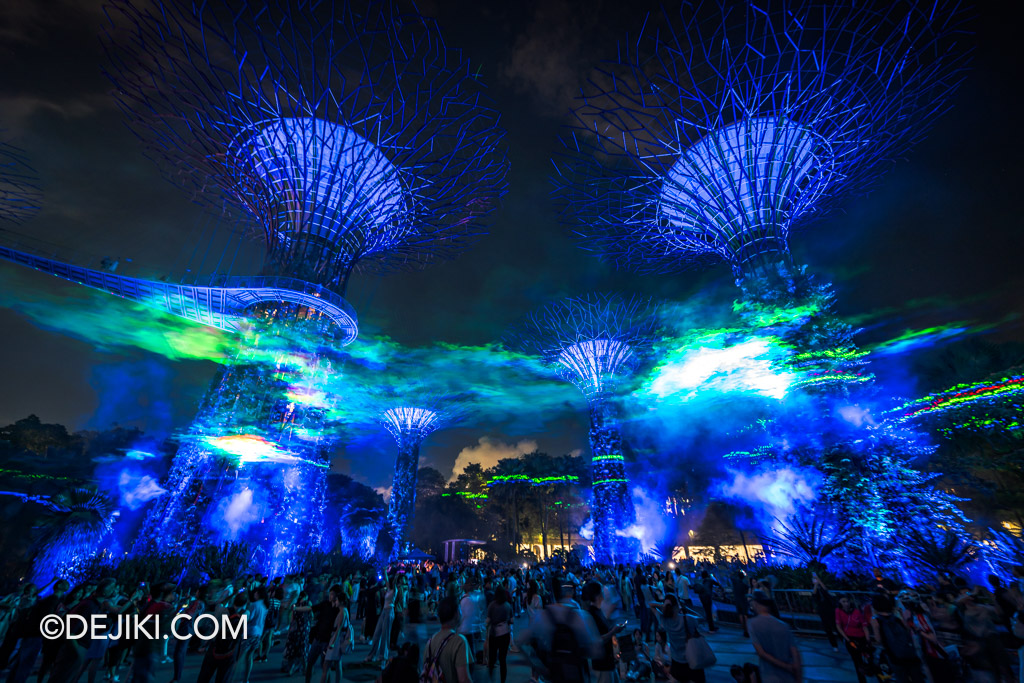 Gardens by the Bay Borealis night show at Supertree Grove ultrawide two towers dramatic