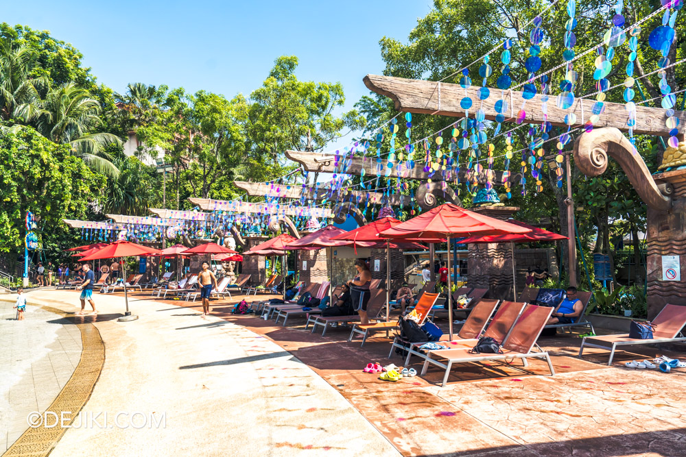 RWS Adventure Cove Waterpark 2024 Bubble Fiesta event Bubble Rave at Bluwater Bay sunbeds