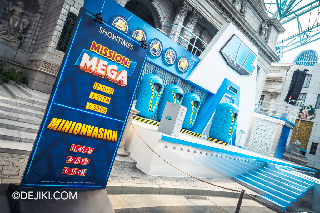 Universal Studios Singapore Mega Despicable Summer 2024 event New York street show times board