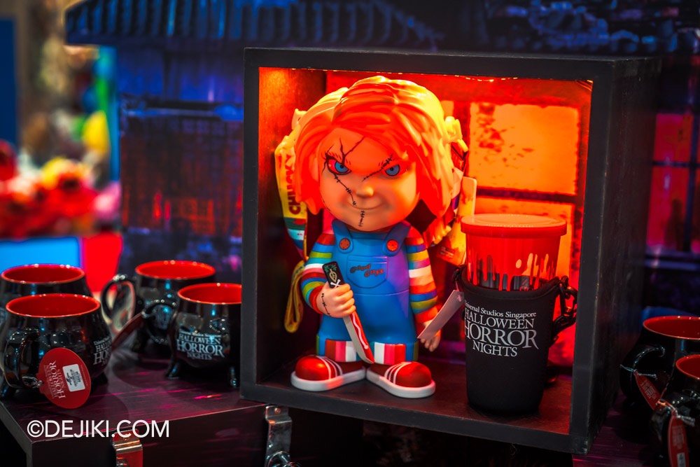 USS Halloween Horror Nights 12 Before Dark by Dejiki HHN12 merchandise display at Universal Studios Store Chucky popcorn bucket closeup