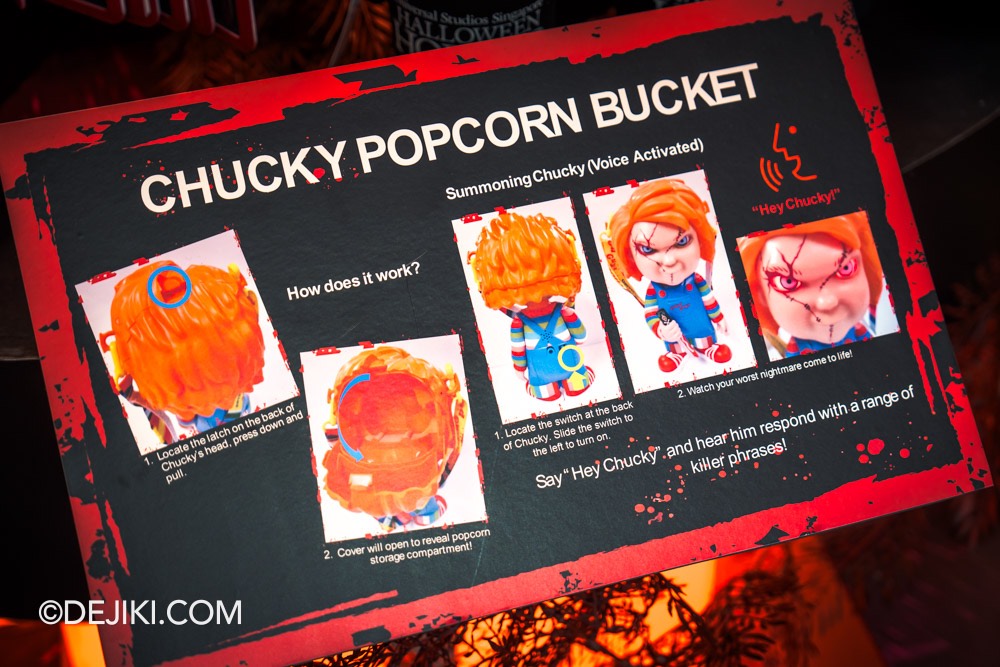 USS Halloween Horror Nights 12 Before Dark by Dejiki HHN12 merchandise display at Universal Studios Store Chucky popcorn bucket instructions