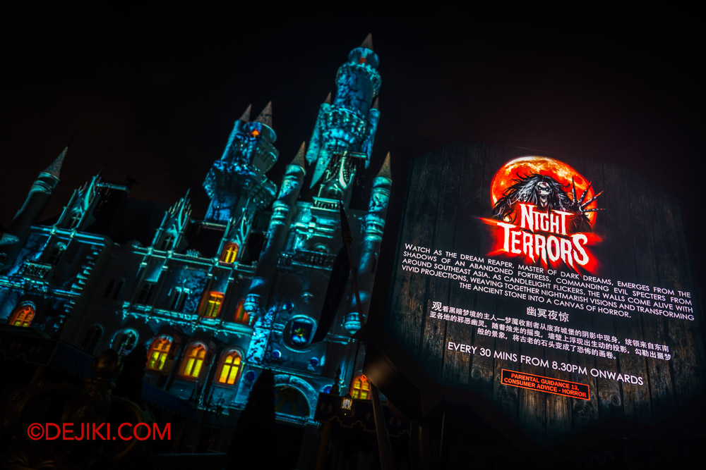 USS Halloween Horror Nights 12 Review by Dejiki Show Night Terrors at Far Far Away castle projection