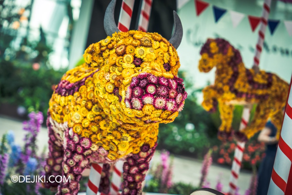 Gardens by the Bay Carnival of Flowers Australian Themed Floral Display 6 Carousel Floral Cows and Ponies closeup