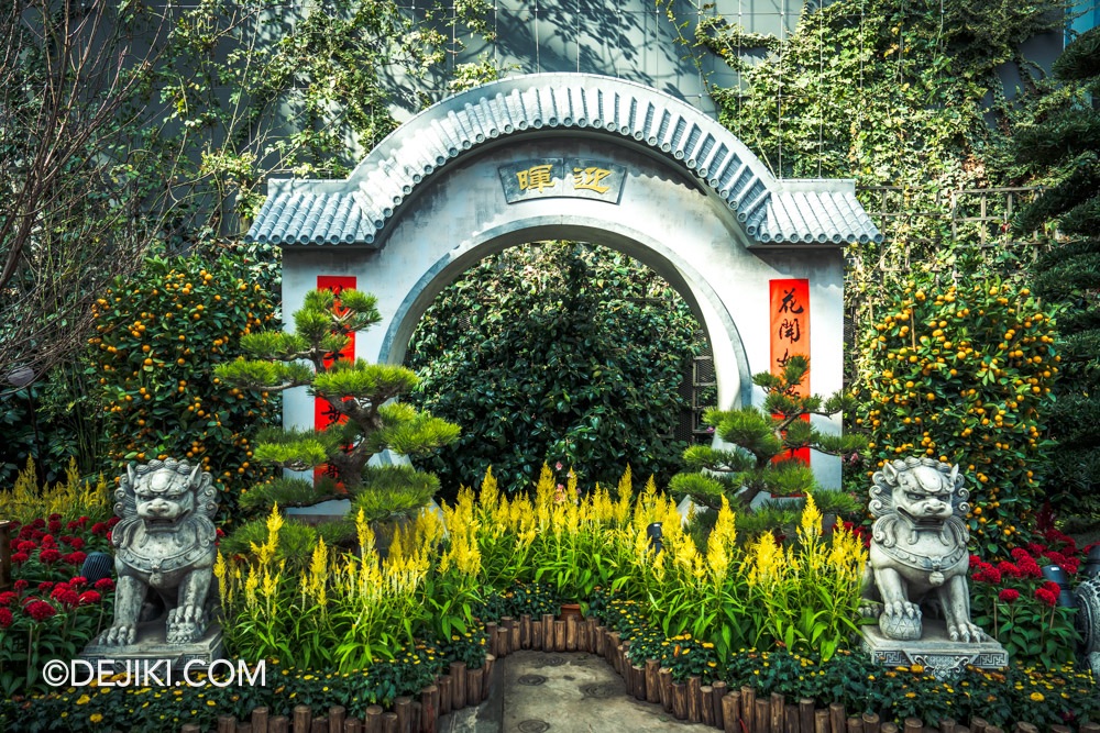 Gardens by the Bay 2025 Spring Blossoms Legend of Lady White Snake floral display at Flower Dome Exit Garden Gate