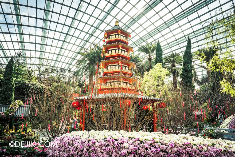 Gardens by the Bay 2025 Spring Blossoms Legend of Lady White Snake floral display at Flower Dome Flower Field Pagoda