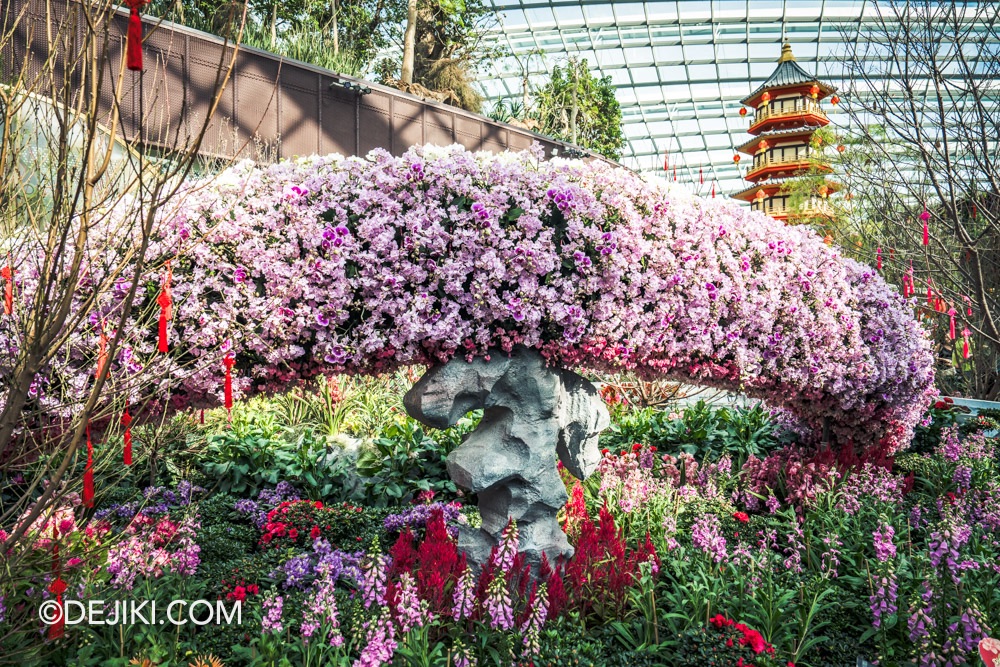 Gardens by the Bay 2025 Spring Blossoms Legend of Lady White Snake floral display at Flower Dome Flower Field Snake body back