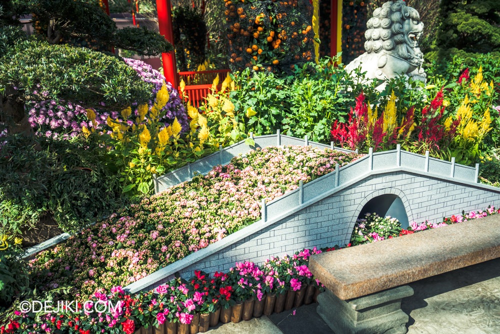 Gardens by the Bay 2025 Spring Blossoms Legend of Lady White Snake floral display at Flower Dome Foyer Bridge Duanqiao Replica