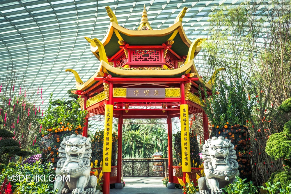 Gardens by the Bay 2025 Spring Blossoms Legend of Lady White Snake floral display at Flower Dome Foyer Jixian Pavilion replica 1