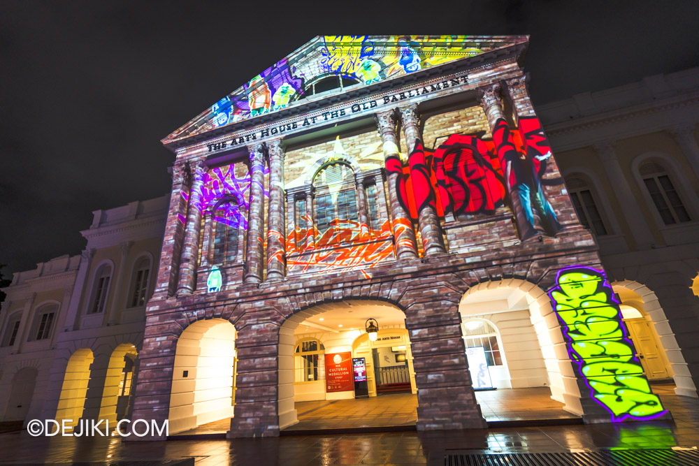 Light to Night Singapore 2025 Art Skins on Monuments Projection Artwork at The Arts House Facade Now You See Us by TraseOne