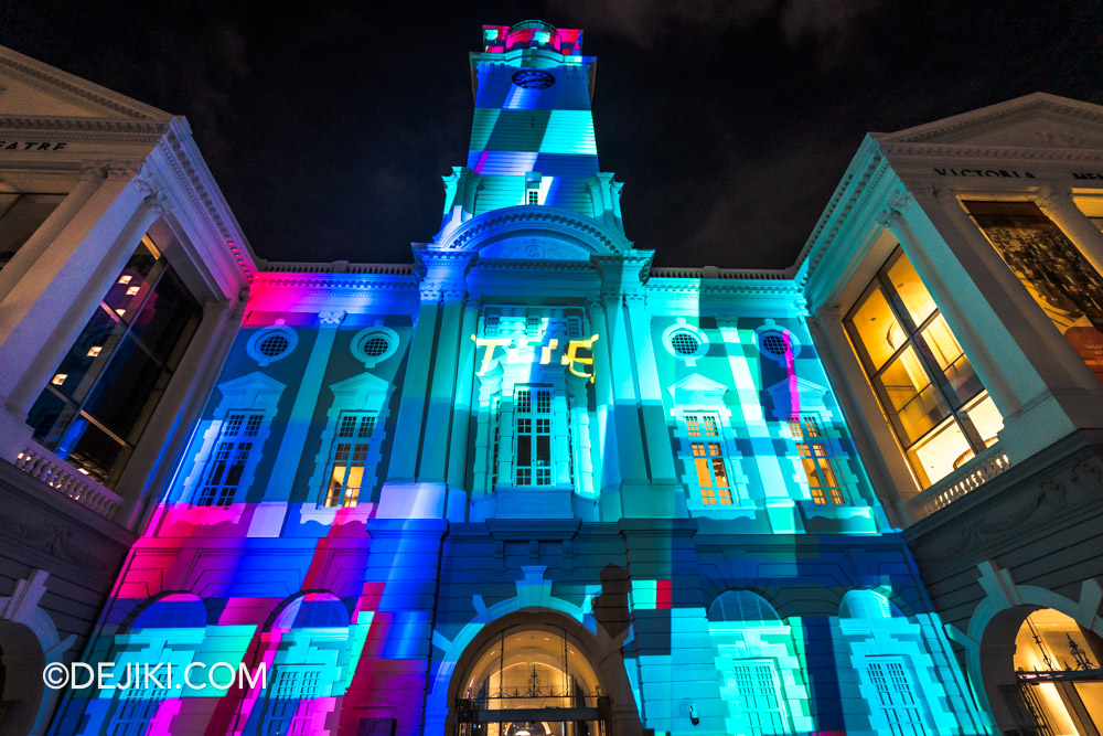 Light to Night Singapore 2025 Art Skins on Monuments Projection Artwork at Victoria Theatre and Victoria Concert Hall Words by Song Ming Ang closeup