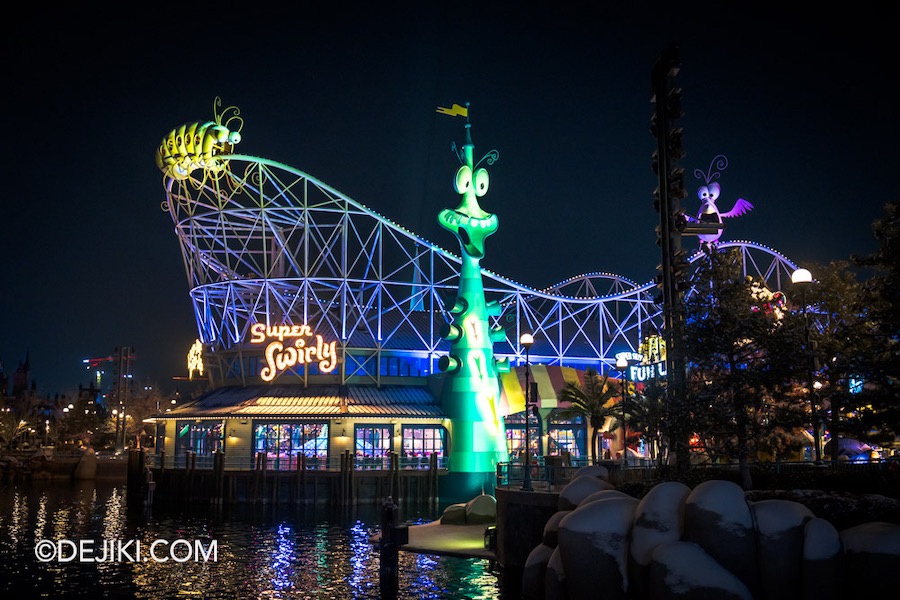 Universal Studios Beijing Resort Minion Land Super Silly Fun Land at night Pier Lagoon view