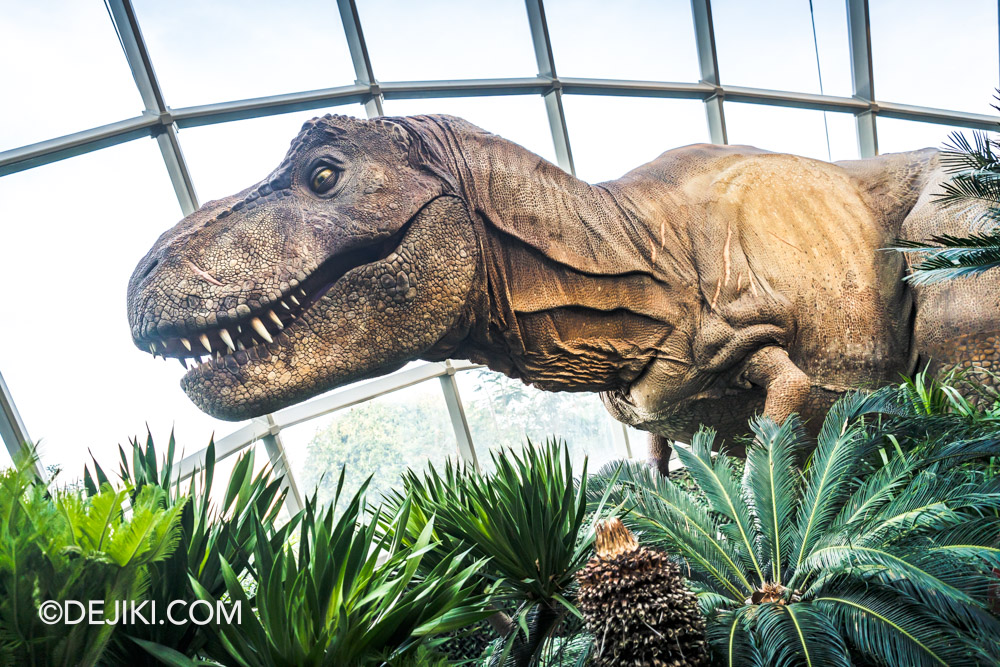 Cloud Forest Jurassic World The Experience at Gardens by the Bay 5 Tyrannosaurus Rex Escape closeup