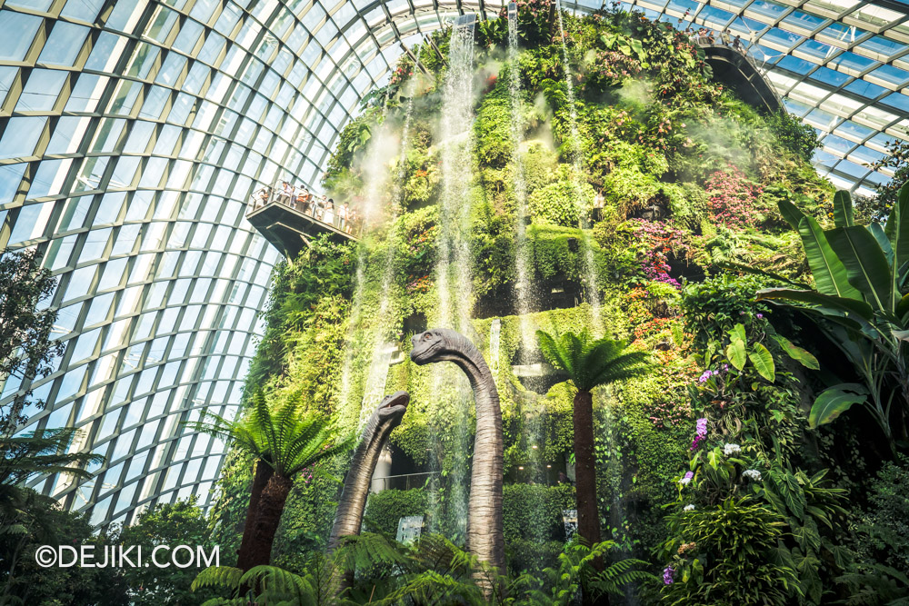 Gardens by the Bay Cloud Forest featuring Jurassic World The Experience sneak peek Brachiosaurus Falls wide mountain