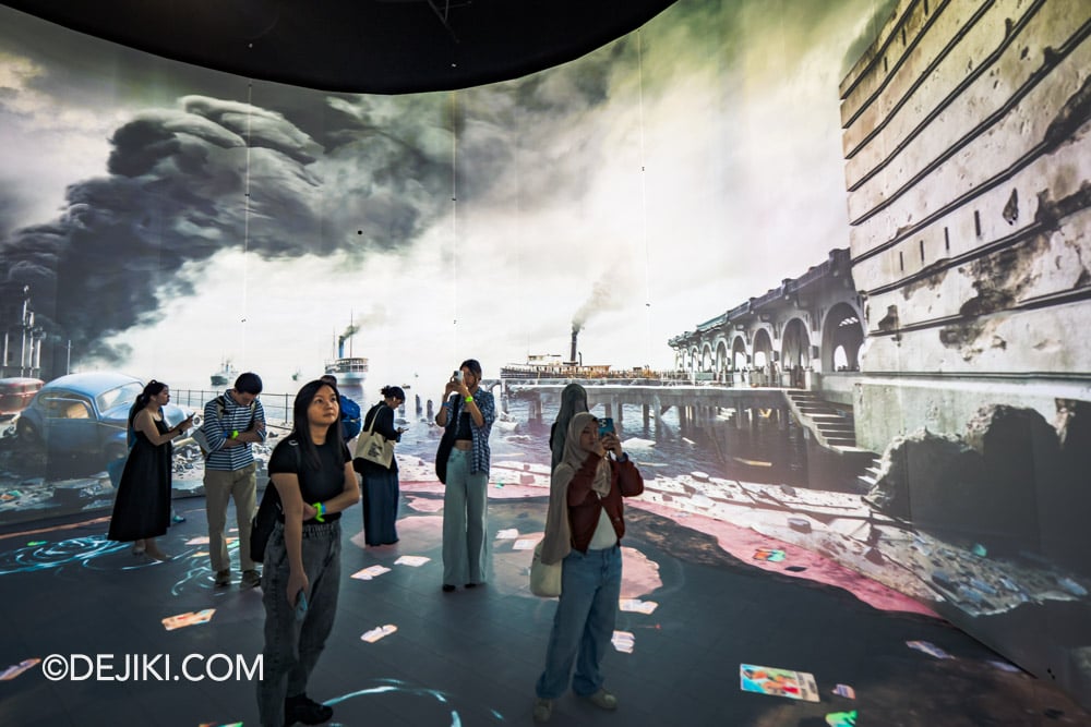 Singapore Odyssea at National Museum of Singapore 14 Immersive Interactive Waterfall showing historic scene of Singapore