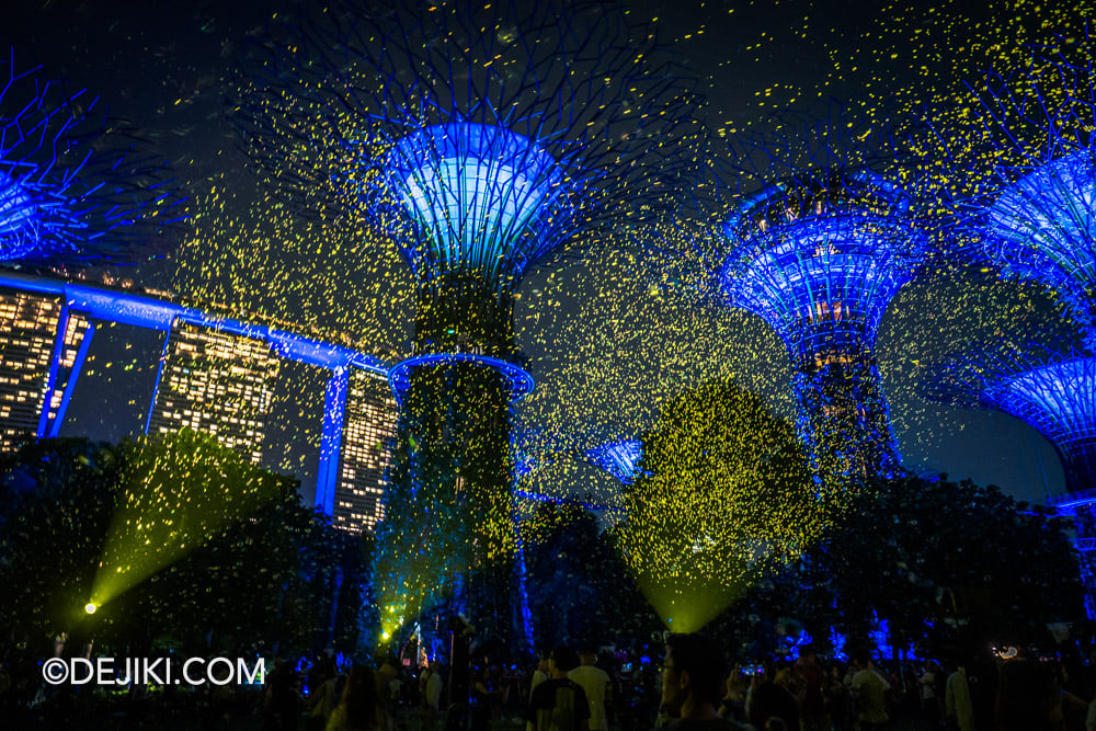 Southeast Asian debut of SPARK at Gardens by the Bay Singapore Blue supertrees and yellow light sparks