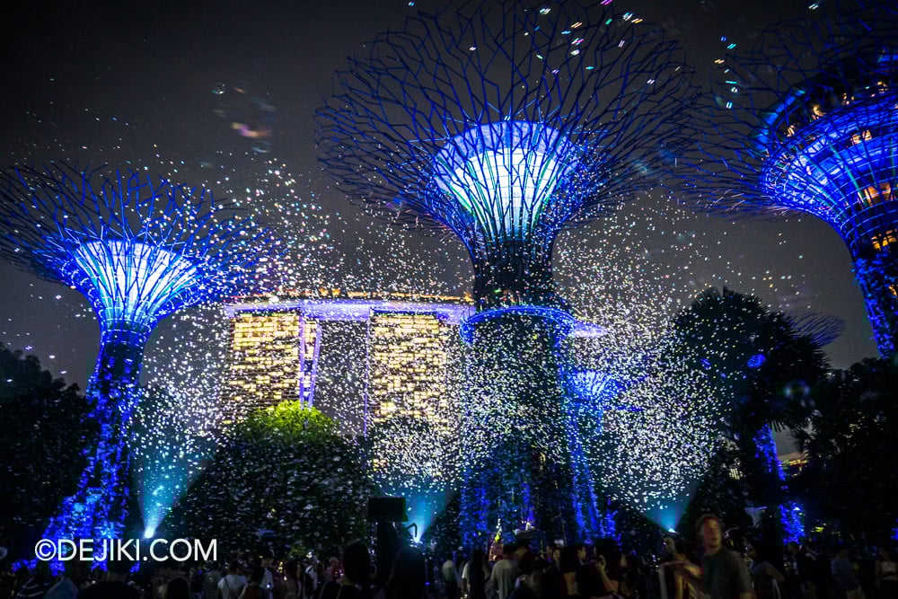 Southeast Asian debut of SPARK at Gardens by the Bay Singapore Supertrees and Marina Bay Sands and white light sparks