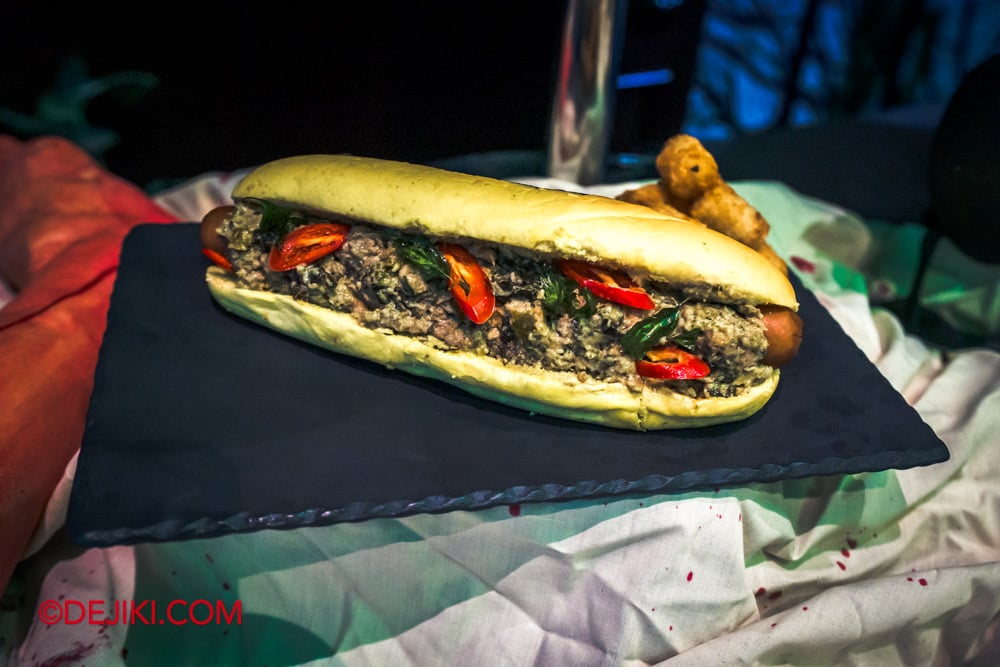 Universal Studio Singapore Halloween Horror Nights 13 Preview Blumhouse Bar HHN13 Horror themed food menu Cursed Thai Green Chicken Sausage