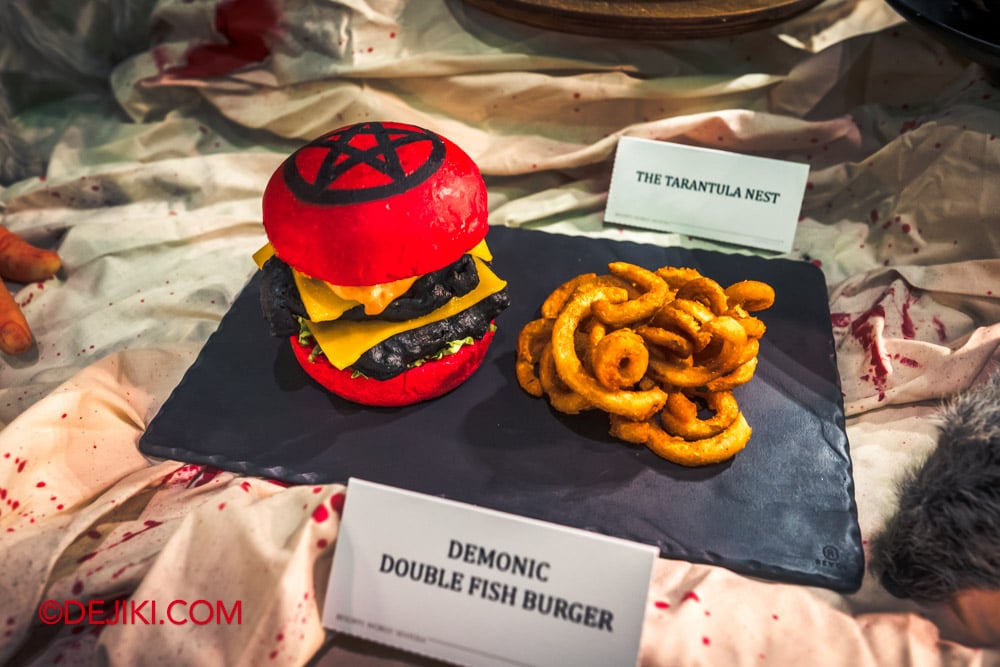 Universal Studio Singapore Halloween Horror Nights 13 Preview Blumhouse Bar HHN13 Horror themed food menu Demonic Double Fish Burger