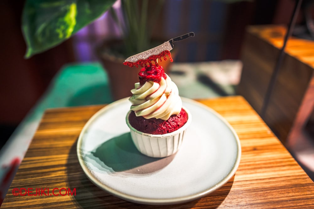 Universal Studio Singapore Halloween Horror Nights 13 Preview Blumhouse Bar food Bloody Cupcake from Happy Death Day