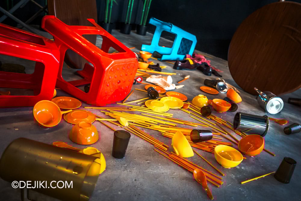 Singapore Biennale 2025 Photo Tour - Tanglin Halt - With Hate from Hong Kong by Adrian Wong smashed table mess detail Singapore Biennale 2025 Photo Tour Tanglin Halt With Hate from Hong Kong by Adrian Wong smashed table mess detail