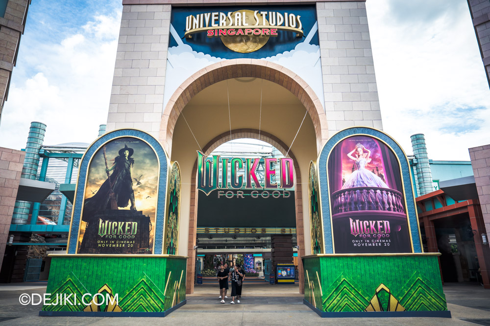 Universal Studios Singapore 2025 Wicked For Good event - Park Entrance with Elphaba and Glinda posters Universal Studios Singapore 2025 Wicked For Good event Park Entrance with Elphaba and Glinda posters