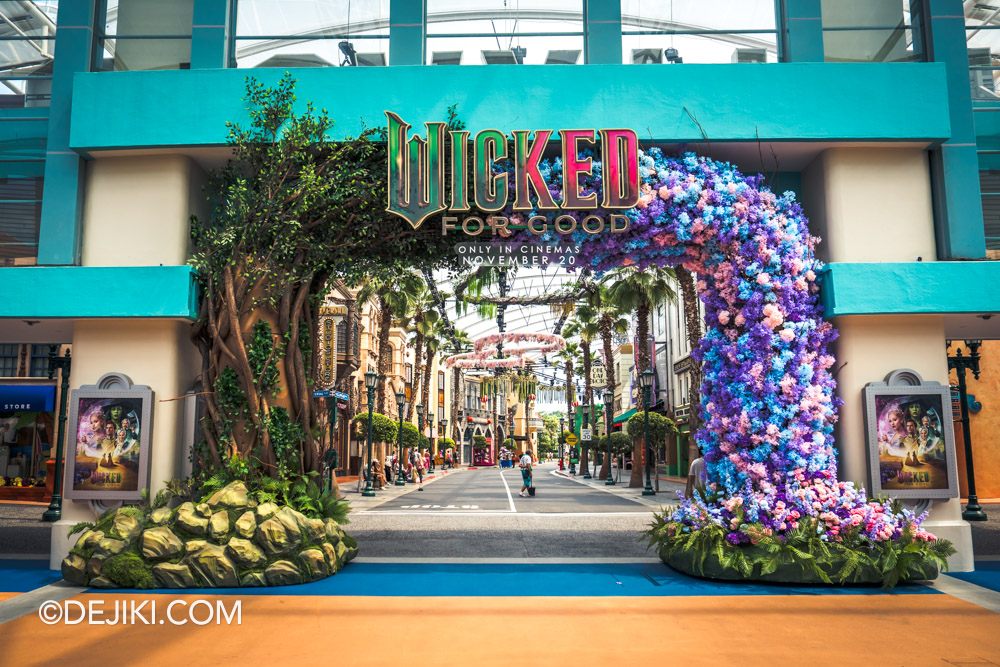 Universal Studios Singapore 2025 Wicked For Good event - Park Entrance with floral landscaping arch Universal Studios Singapore 2025 Wicked For Good event Park Entrance with floral landscaping arch