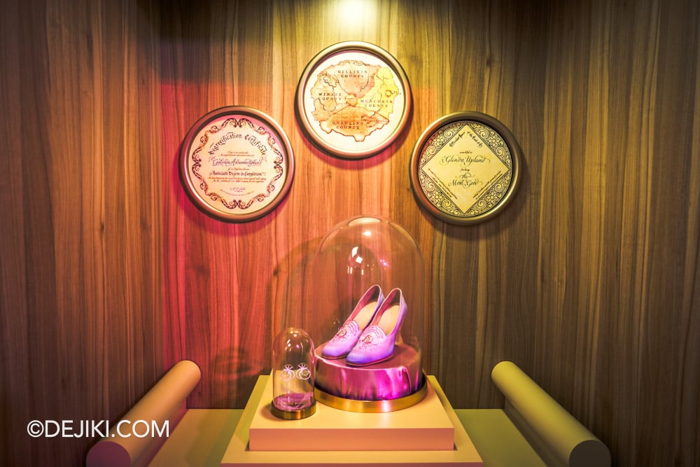 Universal Studios Singapore Wicked For Good The Wardrobe of Wicked A Curated Costume Display exhibition - Glinda zone shoes and earrings closeup Universal Studios Singapore Wicked For Good The Wardrobe of Wicked A Curated Costume Display exhibition Glinda zone shoes and earrings closeup